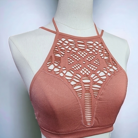 🆕️ M/L Bohemian Chic High-Neck Floral Cutout Bralette - Strappy Back Elegance - Picture 1 of 11